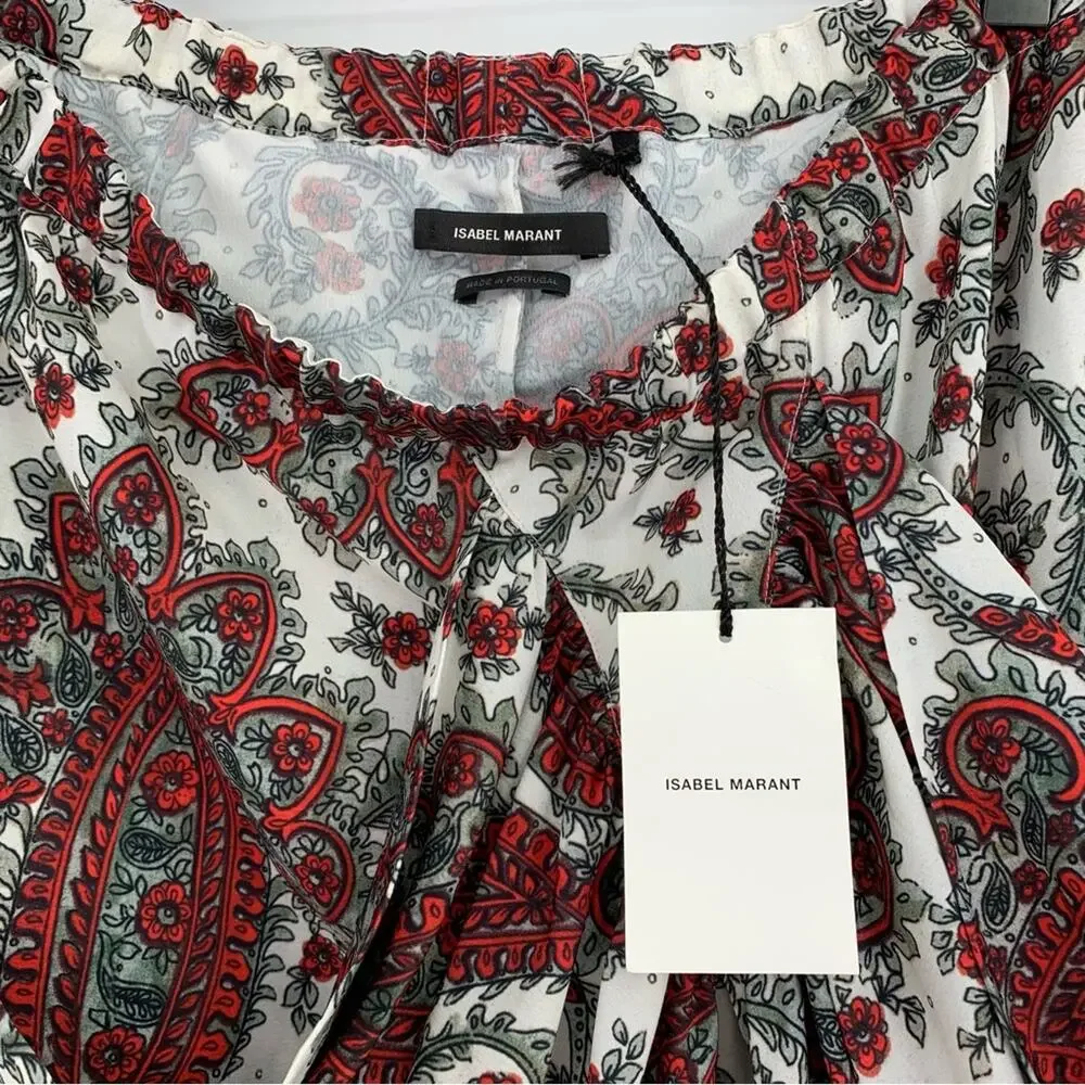 NWT ISABEL MARANT Tilena Techno Paisley Ruched Skirt Red White 44